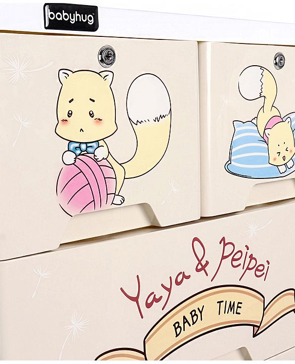 Babyhug 6 Layers High Density Plastic Storage Cabinet Teddy Print With Wheels - White