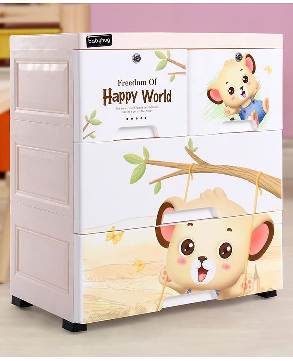Babyhug 3 Layers High Density Plastic Storage Cabinet Baby Lion Print With Wheels - Light Cream