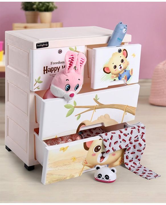 Babyhug 3 Layers High Density Plastic Storage Cabinet Baby Lion Print With Wheels - Light Cream