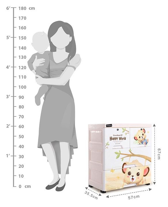 Babyhug 3 Layers High Density Plastic Storage Cabinet Baby Lion Print With Wheels - Light Cream