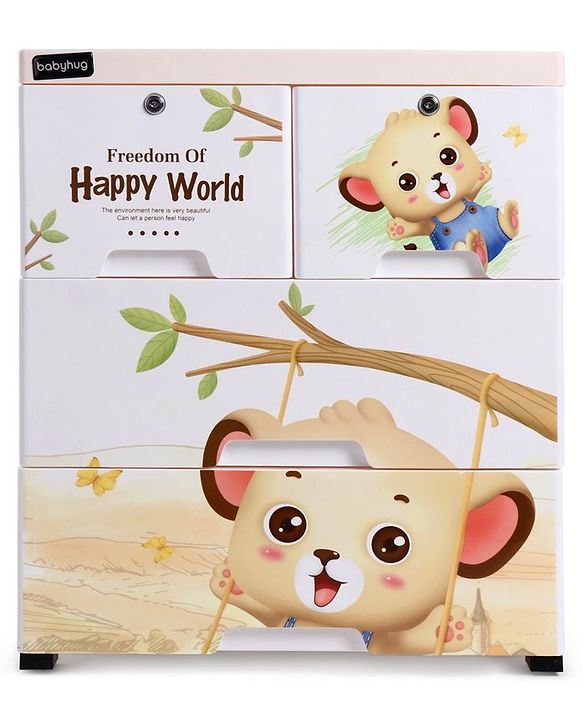Babyhug 3 Layers High Density Plastic Storage Cabinet Baby Lion Print With Wheels - Light Cream