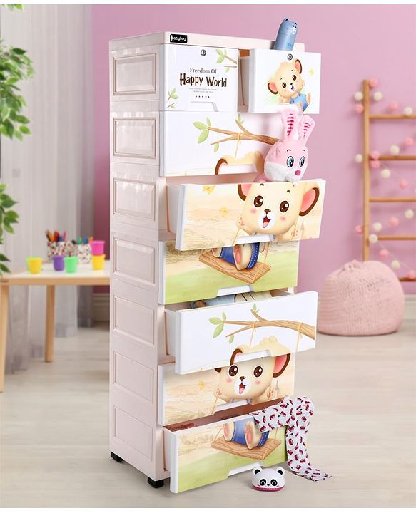 Babyhug 7 Layers High Density Plastic Storage Cabinet Baby Lion Print - White & Cream
