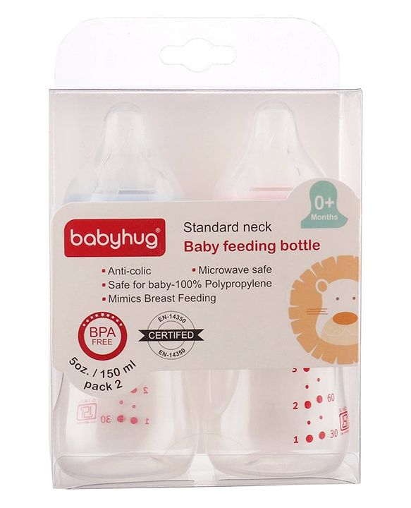 Babyhug Standard Neck Polypopylene Sterilizable Feeding Bottle Pack of 2 - 150 ml Each