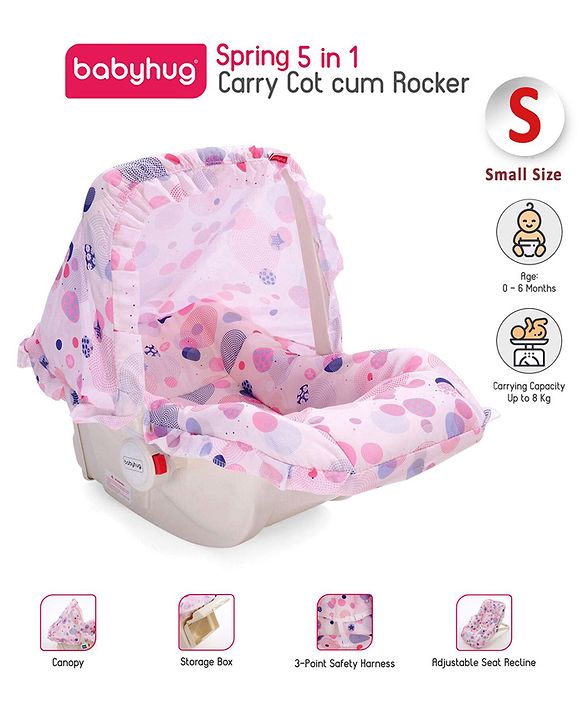Babyhug Spring 5 in 1 Carry Cot Cum Rocker With Mosquito Net - Pink