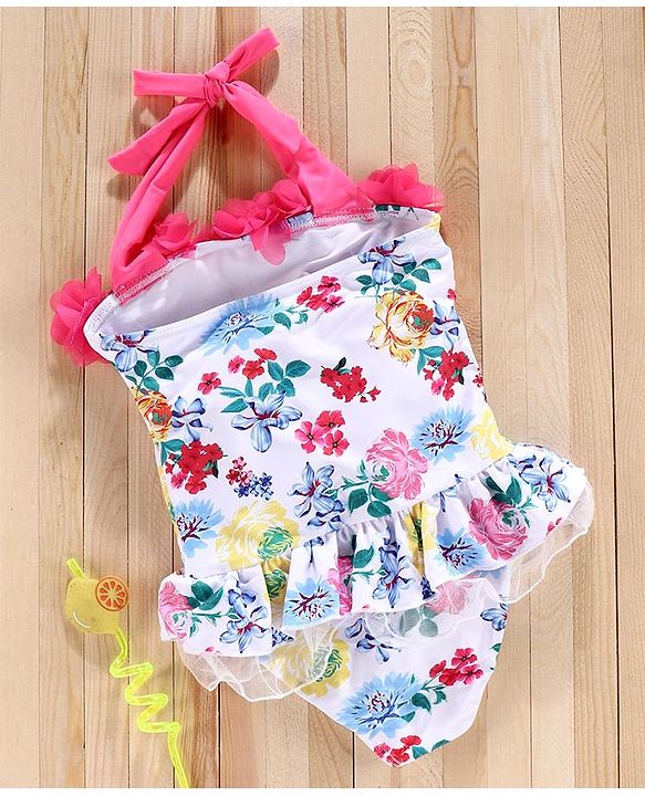Babyhug Sleeveless V Cut Swim Suit Floral Print - White Pink