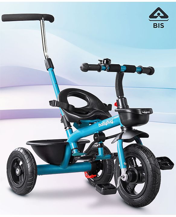 Babyhug Cruise Plug N Play 2 in1 Multifunctional Kids Trike with Adjustable Parent Handle|Rubber Wheels with Brakes|Safety Harness|Storage Basket for Boys & Girls Ages 18 Months-4 Years-Blue