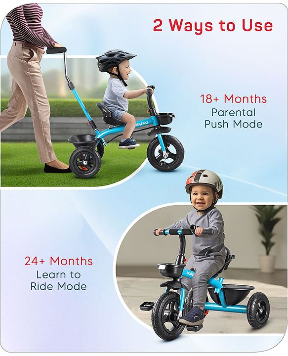 Babyhug Cruise Plug N Play 2 in1 Multifunctional Kids Trike with Adjustable Parent Handle|Rubber Wheels with Brakes|Safety Harness|Storage Basket for Boys & Girls Ages 18 Months-4 Years-Blue