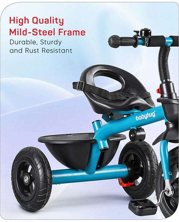 Babyhug Cruise Plug N Play 2 in1 Multifunctional Kids Trike with Adjustable Parent Handle|Rubber Wheels with Brakes|Safety Harness|Storage Basket for Boys & Girls Ages 18 Months-4 Years-Blue
