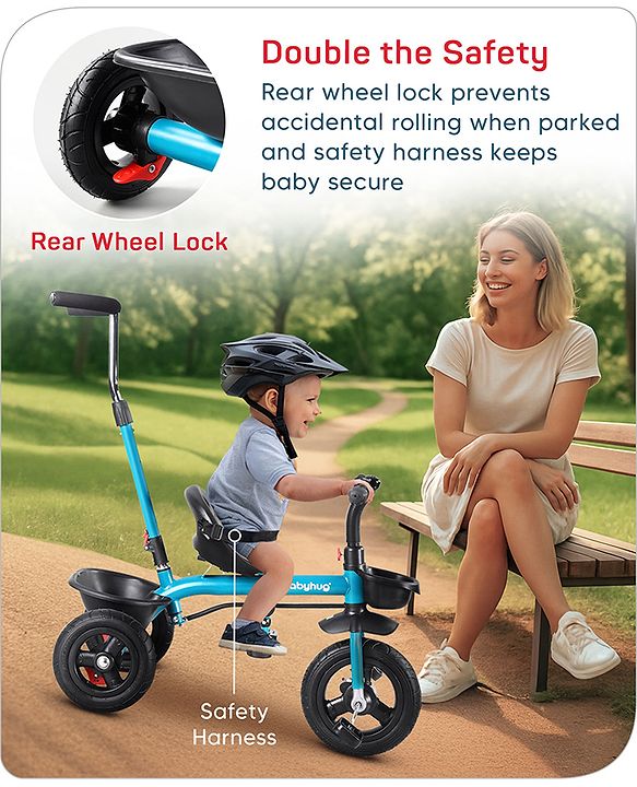 Babyhug Cruise Plug N Play 2 in1 Multifunctional Kids Trike with Adjustable Parent Handle|Rubber Wheels with Brakes|Safety Harness|Storage Basket for Boys & Girls Ages 18 Months-4 Years-Blue