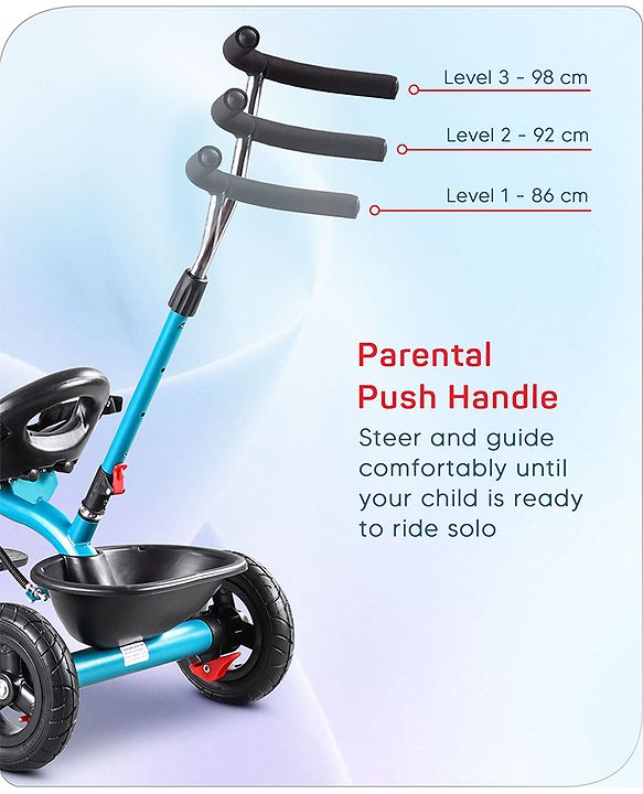 Babyhug Cruise Plug N Play 2 in1 Multifunctional Kids Trike with Adjustable Parent Handle|Rubber Wheels with Brakes|Safety Harness|Storage Basket for Boys & Girls Ages 18 Months-4 Years-Blue