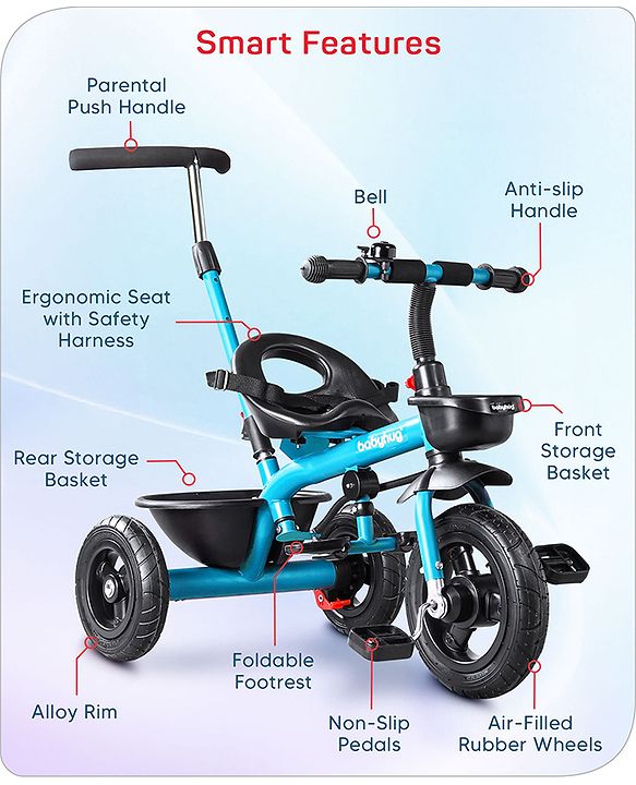 Babyhug Cruise Plug N Play 2 in1 Multifunctional Kids Trike with Adjustable Parent Handle|Rubber Wheels with Brakes|Safety Harness|Storage Basket for Boys & Girls Ages 18 Months-4 Years-Blue