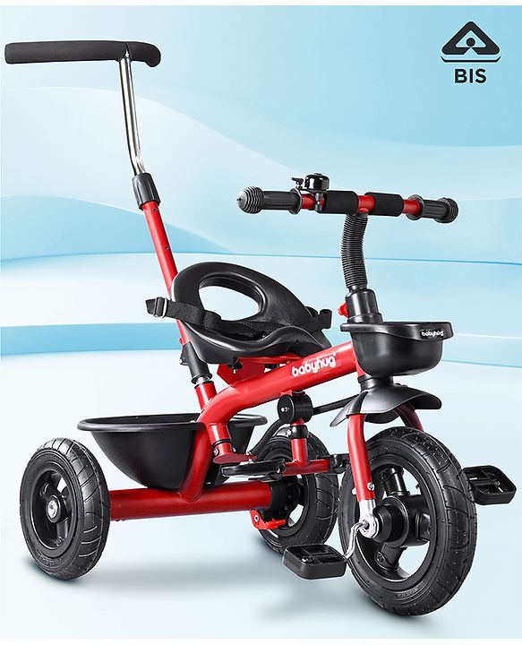Babyhug Cruise Plug & Play Trike with Mild Steel Frame & Parental Handle Front & Rear Storage Basket with 3 Rubber Wheels with Foldable Foot Rest & Bell  - Red