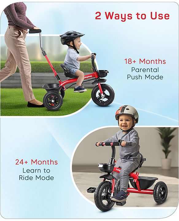 Babyhug Cruise Plug & Play Trike with Mild Steel Frame & Parental Handle Front & Rear Storage Basket with 3 Rubber Wheels with Foldable Foot Rest & Bell  - Red