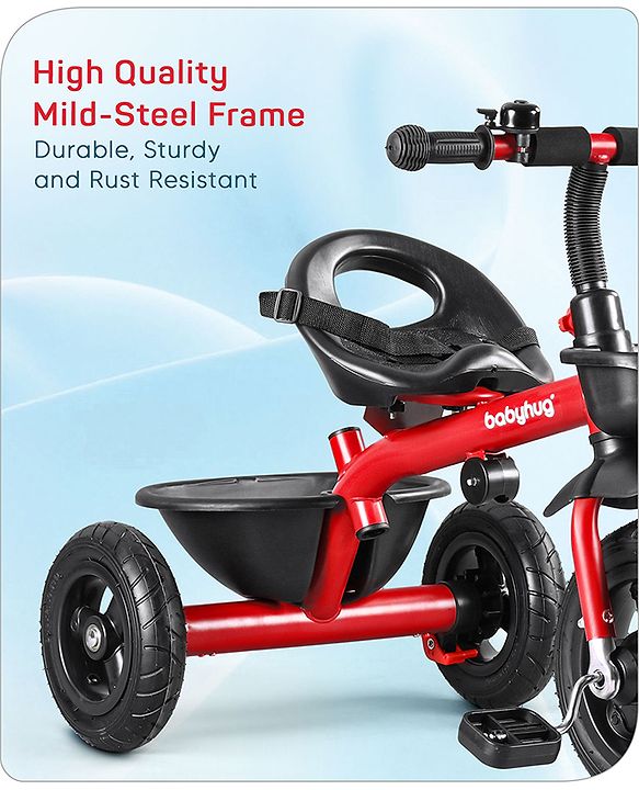 Babyhug Cruise Plug & Play Trike with Mild Steel Frame & Parental Handle Front & Rear Storage Basket with 3 Rubber Wheels with Foldable Foot Rest & Bell  - Red