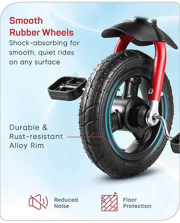 Babyhug Cruise Plug & Play Trike with Mild Steel Frame & Parental Handle Front & Rear Storage Basket with 3 Rubber Wheels with Foldable Foot Rest & Bell  - Red