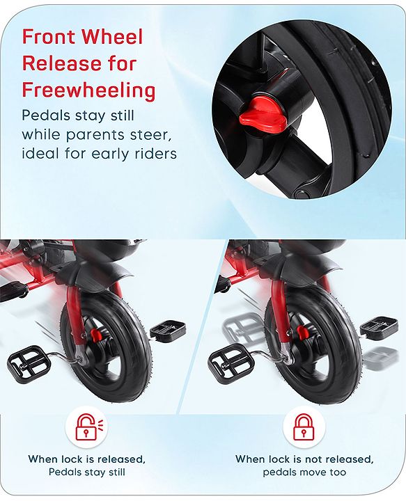 Babyhug Cruise Plug & Play Trike with Mild Steel Frame & Parental Handle Front & Rear Storage Basket with 3 Rubber Wheels with Foldable Foot Rest & Bell  - Red