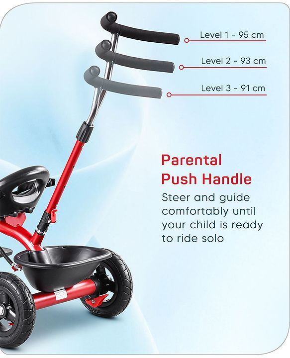 Babyhug Cruise Plug & Play Trike with Mild Steel Frame & Parental Handle Front & Rear Storage Basket with 3 Rubber Wheels with Foldable Foot Rest & Bell  - Red