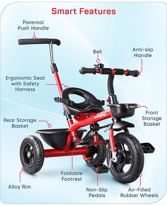 Babyhug Cruise Plug & Play Trike with Mild Steel Frame & Parental Handle Front & Rear Storage Basket with 3 Rubber Wheels with Foldable Foot Rest & Bell  - Red