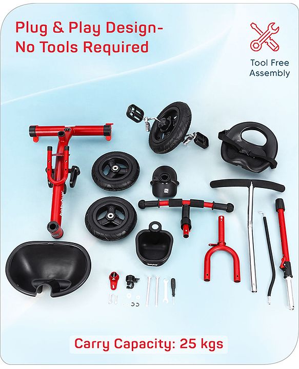 Babyhug Cruise Plug & Play Trike with Mild Steel Frame & Parental Handle Front & Rear Storage Basket with 3 Rubber Wheels with Foldable Foot Rest & Bell  - Red