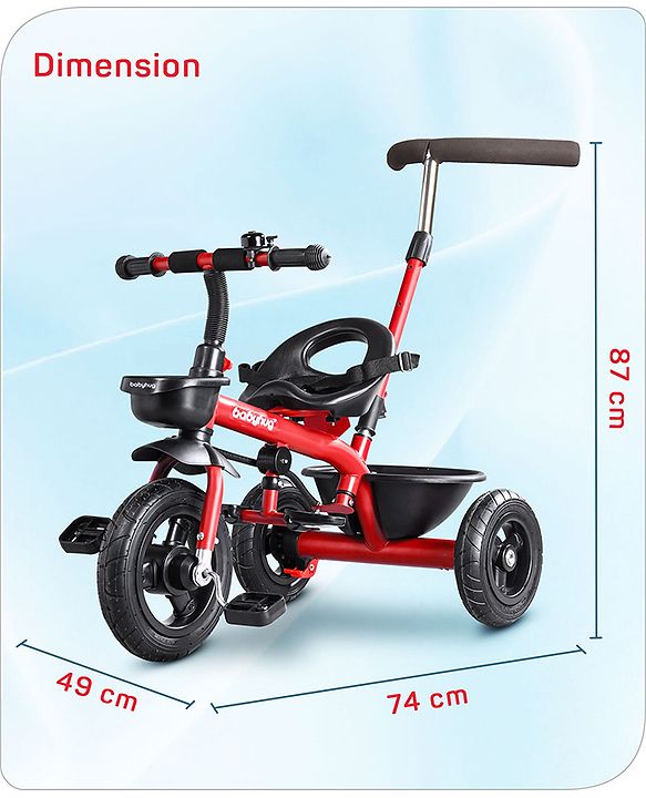 Babyhug Cruise Plug & Play Trike with Mild Steel Frame & Parental Handle Front & Rear Storage Basket with 3 Rubber Wheels with Foldable Foot Rest & Bell  - Red