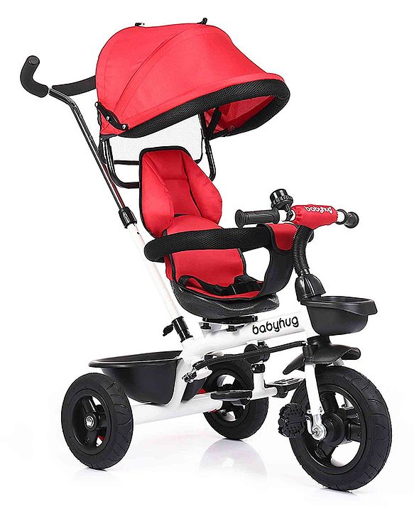 Babyhug Hermes Glider Plug & Play Trike with 360° Rotatable Seat & Parental Handle with Canopy Rubber Wheels & Storage Baskets with Bell - White Red