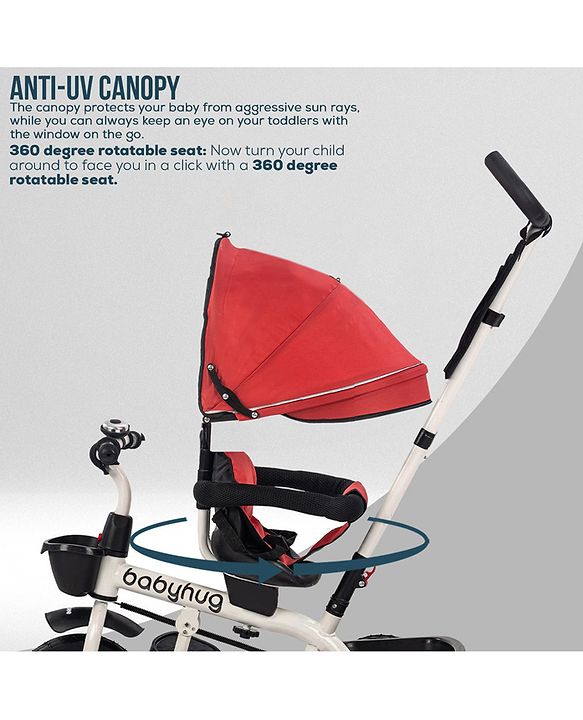 Babyhug Hermes Glider Plug & Play Trike with 360° Rotatable Seat & Parental Handle with Canopy Rubber Wheels & Storage Baskets with Bell - White Red