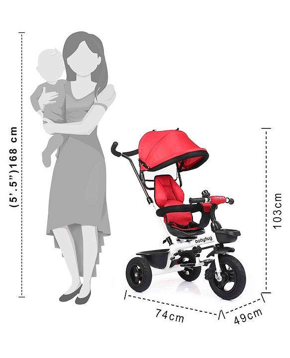 Babyhug Hermes Glider Plug & Play Trike with 360° Rotatable Seat & Parental Handle with Canopy Rubber Wheels & Storage Baskets with Bell - White Red