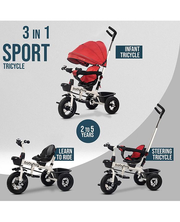 Babyhug Hermes Glider Plug & Play Trike with 360° Rotatable Seat & Parental Handle with Canopy Rubber Wheels & Storage Baskets with Bell - White Red