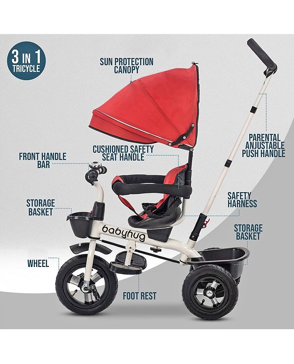 Babyhug Hermes Glider Plug & Play Trike with 360° Rotatable Seat & Parental Handle with Canopy Rubber Wheels & Storage Baskets with Bell - White Red