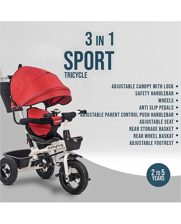 Babyhug Hermes Glider Plug & Play Trike with 360° Rotatable Seat & Parental Handle with Canopy Rubber Wheels & Storage Baskets with Bell - White Red