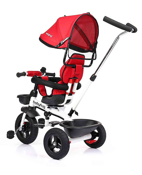 Babyhug Hermes Glider Plug & Play Trike with 360° Rotatable Seat & Parental Handle with Canopy Rubber Wheels & Storage Baskets with Bell - White Red