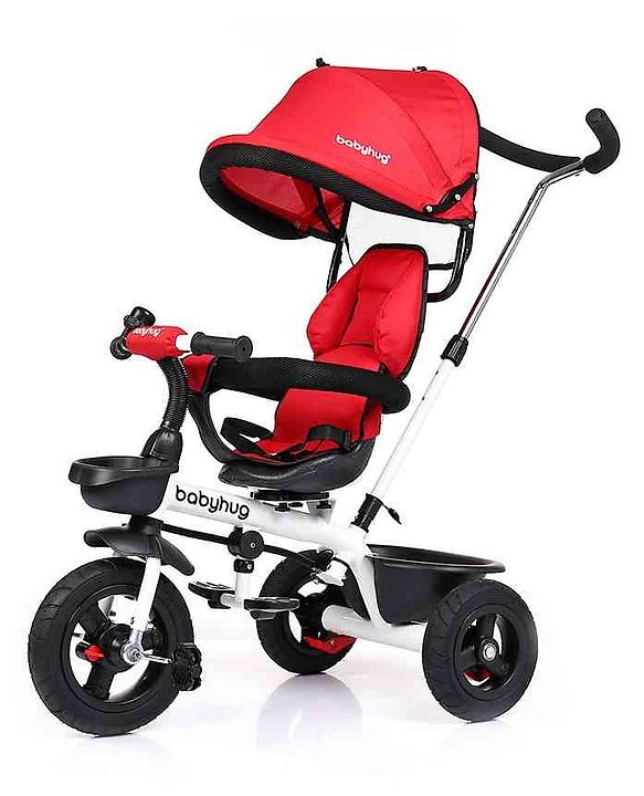Babyhug Hermes Glider Plug & Play Trike with 360° Rotatable Seat & Parental Handle with Canopy Rubber Wheels & Storage Baskets with Bell - White Red