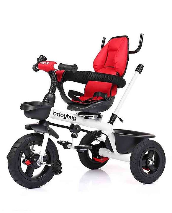 Babyhug Hermes Glider Plug & Play Trike with 360° Rotatable Seat & Parental Handle with Canopy Rubber Wheels & Storage Baskets with Bell - White Red