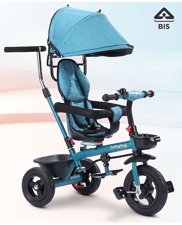 Babyhug Hermes Glider 5 in1 Multifunctional Kids Plug & Play Trike|360° Rotatable Seat|Rubber Wheels with Brakes|Parental Handle with Canopy |Safety Harness|Storage Basket for Boys & Girls-Red
