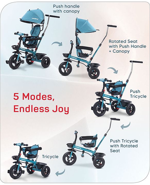 Babyhug Hermes Glider 5 in1 Multifunctional Kids Plug & Play Trike|360° Rotatable Seat|Rubber Wheels with Brakes|Parental Handle with Canopy |Safety Harness|Storage Basket for Boys & Girls-Red