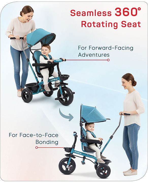 Babyhug Hermes Glider 5 in1 Multifunctional Kids Plug & Play Trike|360° Rotatable Seat|Rubber Wheels with Brakes|Parental Handle with Canopy |Safety Harness|Storage Basket for Boys & Girls-Red