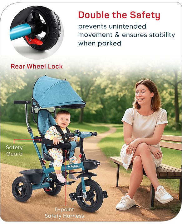 Babyhug Hermes Glider 5 in1 Multifunctional Kids Plug & Play Trike|360° Rotatable Seat|Rubber Wheels with Brakes|Parental Handle with Canopy |Safety Harness|Storage Basket for Boys & Girls-Red