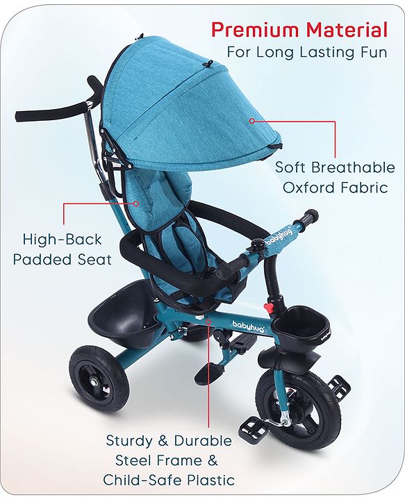 Babyhug Hermes Glider 5 in1 Multifunctional Kids Plug & Play Trike|360° Rotatable Seat|Rubber Wheels with Brakes|Parental Handle with Canopy |Safety Harness|Storage Basket for Boys & Girls-Red
