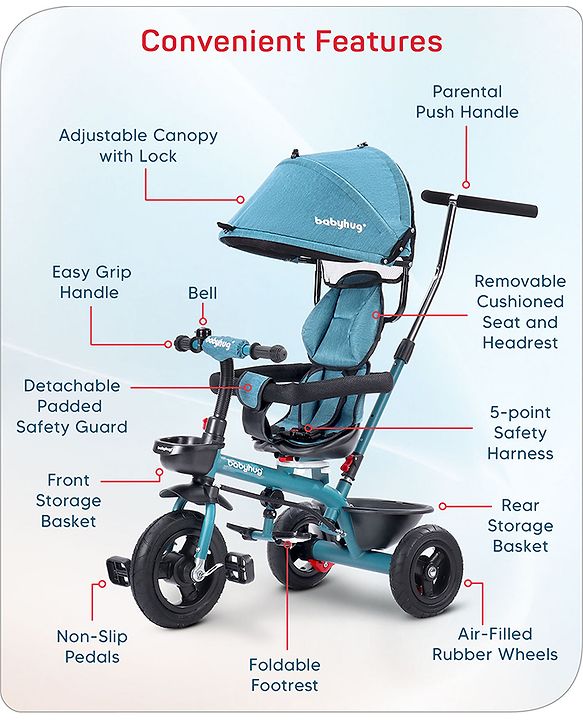 Babyhug Hermes Glider 5 in1 Multifunctional Kids Plug & Play Trike|360° Rotatable Seat|Rubber Wheels with Brakes|Parental Handle with Canopy |Safety Harness|Storage Basket for Boys & Girls-Red