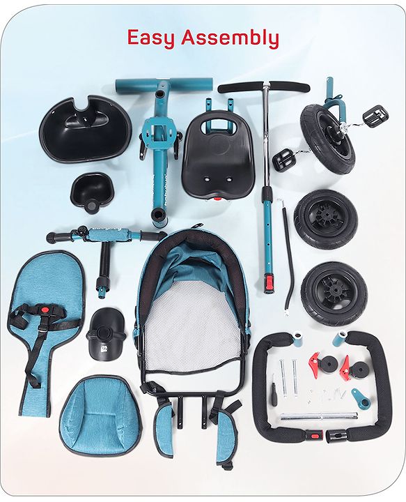Babyhug Hermes Glider 5 in1 Multifunctional Kids Plug & Play Trike|360° Rotatable Seat|Rubber Wheels with Brakes|Parental Handle with Canopy |Safety Harness|Storage Basket for Boys & Girls-Red