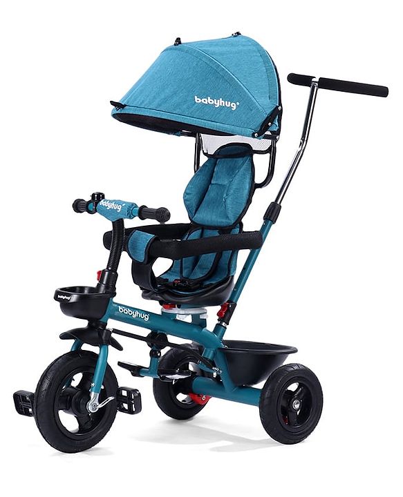 Babyhug Hermes Glider 5 in1 Multifunctional Kids Plug & Play Trike|360° Rotatable Seat|Rubber Wheels with Brakes|Parental Handle with Canopy |Safety Harness|Storage Basket for Boys & Girls-Red