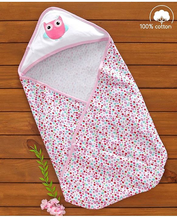 Babyhug 100% Cotton Hooded Wrapper Floral Print - Pink