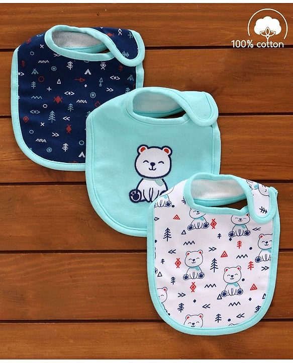 Babyhug Cotton Bibs Bear Embroidery Set of 3 - Blue & White