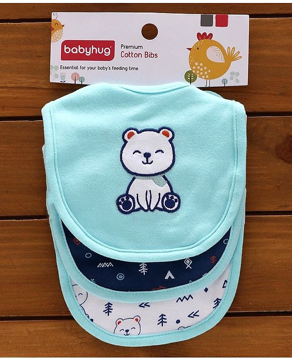 Babyhug Cotton Bibs Bear Embroidery Set of 3 - Blue & White