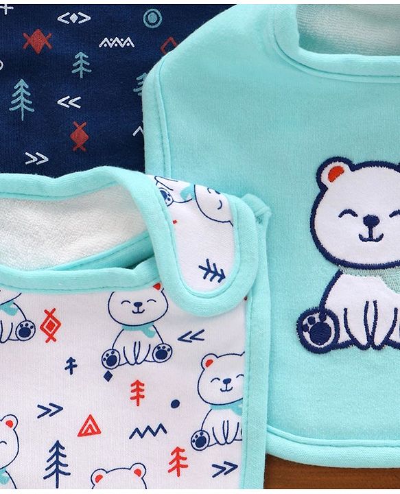 Babyhug Cotton Bibs Bear Embroidery Set of 3 - Blue & White