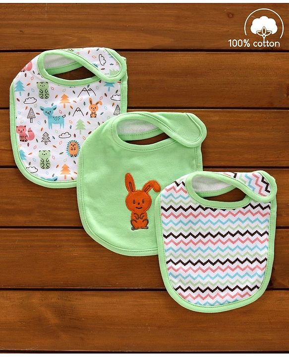 Babyhug Cotton Bibs Animal Embroidery Set of 3 - Green & White