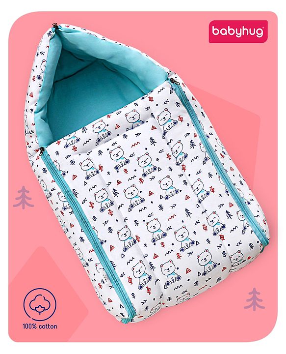 Babyhug Sleeping Bag Teddy Print - White Blue
