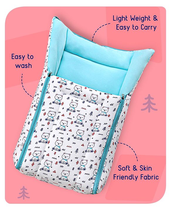 Babyhug Sleeping Bag Teddy Print - White Blue