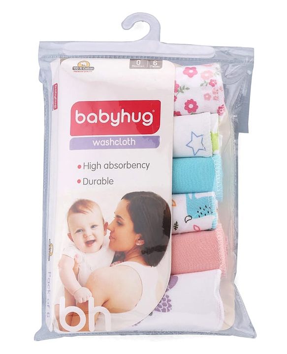 Babyhug 100% Cotton Wash Cloth Pack of 6 - Multicolor