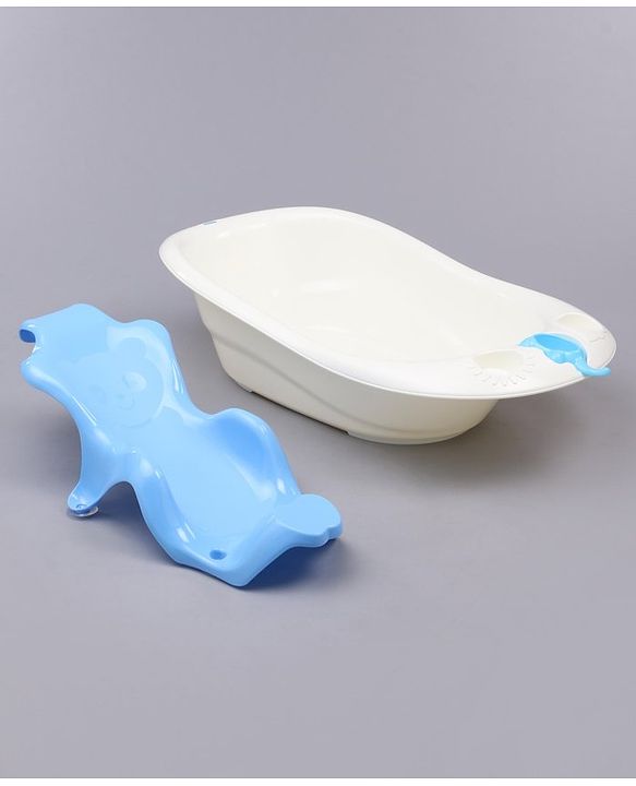 Babyhug Large Size Bath Tub With Bath Sling Bear Print - Blue (Color May Vary)